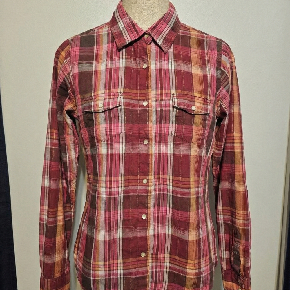 Wrancher by Wrangler Pearl Snap Shirt Women’s Large Plaid Metallic Threading - Picture 2 of 8